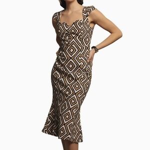 Anthropologie Cecily Midi Dress Medium Black Tan Retro Inspired Mod Geometric